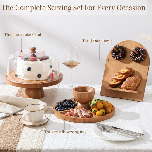 Emojoy Bamboo Cake Stand with Lid, 11in Round Cake Stand with Dome, Versatile Dessert Table Display Set, Cake Display Stand with Acrylic Dome, Charcuterie Boards for Birthday, Party