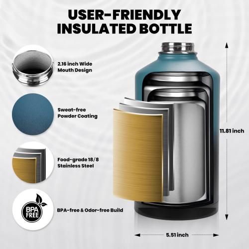 BLUE AND BLACK One Gallon Water Bottle Insulated, Triple Walled Vacuum Stainless Steel (Cold for 48 Hrs), Leak Proof & Non-BPA, Large Water Flask Jug with Paracord Handle & Straw Spout Lids