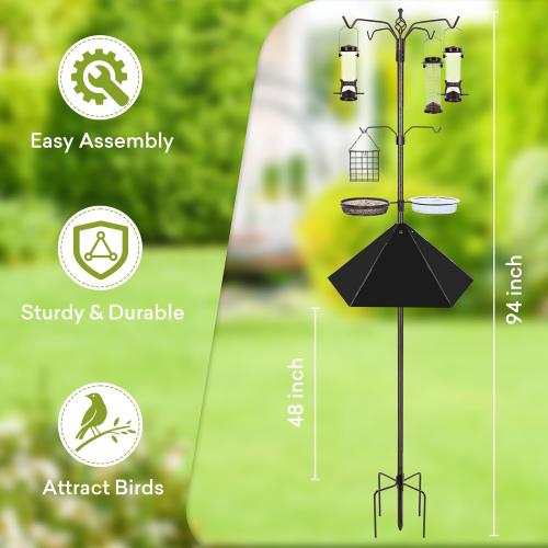 6-Hook Bird Feeding Station Kit, 94 Inch Heavy Duty Bird Feeder Stand Pole for Outdoors Hanging with 4 Feeders, Wide Metal Squirrel Baffle, Attracting Wild Birds