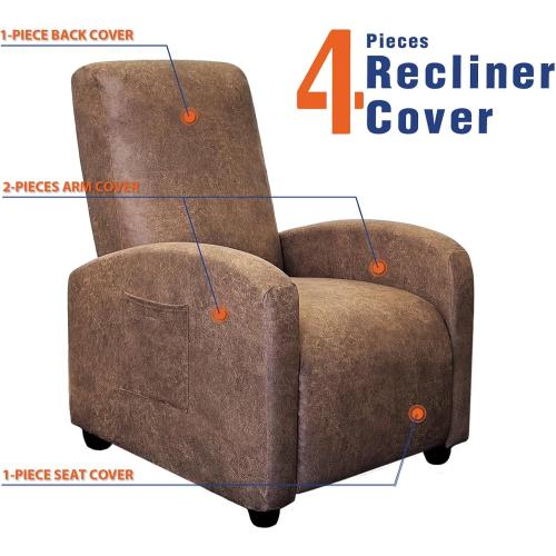 WdFour Leather-Like 4-Pieces Recliner Chair Covers Specifically for Small Adjustable Reclining Chair with 1 PC Pillowcase, Slipcover Recliner Couch Cover for Kids Dogs Pets,Brown