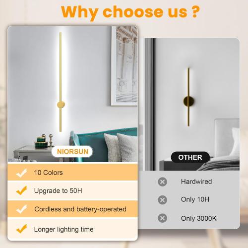 NIORSUN 35.4 Inch Battery Operated Wall Sconce Set of 2,Gold Minimalist Rechargeable LED Wall Lights with Remote, 10 Colors Dimmable Wireless Wall Sconce for Living Room Bedroom Hallway