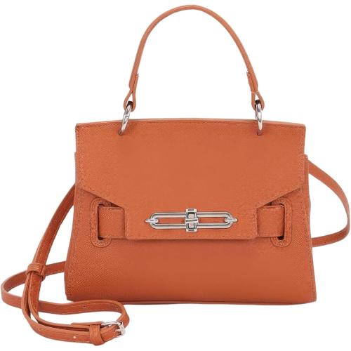 Faux Leather Top Handle Flap Bag, 9.5 x 8 x 4 inches, Metal Buckle Closure, Black, Camel, Khaki