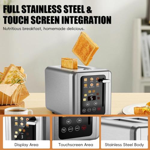 Touch screen Toaster 2 slice,Stainless Steel Digital Timer Toasters with Sound Function,6 Bread Types & 6 Shade Settings,Smart Extra Wide Slots Toaster with Bagel,Defrost Functions
