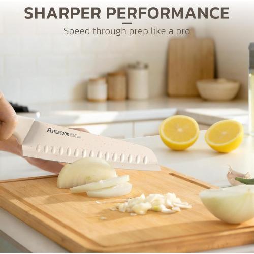 Astercook Knife Set, 15 Pieces Kitchen Knife Set with Sharpener Block, German Stainless Steel Knives with Anti-Rust Coating, Dishwasher Safe, Elegant Cream White Design, Perfect for Holiday Gifts