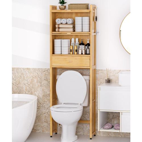 Over The Toilet Storage Cabinet with Drawer and Flip Door, Bamboo Bathroom Organizer Shelf with Anti-Tip Design and Waterproof Feet Pad,Freestanding Rack Above WC Space Saver (Natural)
