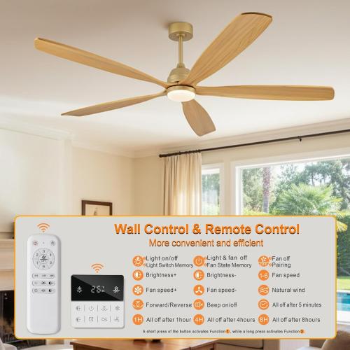 DELIHUA 72 Inch Ceiling Fans with Lights and Remote, Wood Ceiling Fan with Light, 5 Blade, Dimmable, Wall Switch, 6 Speeds Reversible DC Motor, Large Outdoor Ceiling Fan for Patio Farmhouse (Gold)