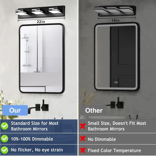 LED Modern Bathroom Vanity Light Fixtures, Dimmable Matte Black Vanity Lights for Bathroom Lighting Fixtures Over Mirror, with 360° Rotatable Acrylic Heads 3-Light 22-inch (Cool White 6000K)