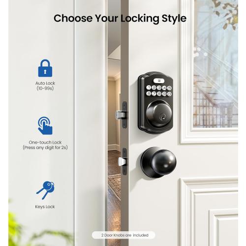 Veise Keyless Entry Door Lock with 2 Knobs, Electronic Backlit Keypad Deadbolt with Handle Set, Auto Lock, One-time Codes, Smart Deadbolt for Front Door, Easy Installation, Matte Black