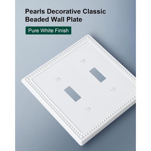 2-Pack Double Toggle Light Switch Cover Plate, Pearls Decorative Dual Switch Plate Covers, Pure White 2 Gang Metal Wall Plate, Corrosion Resistant