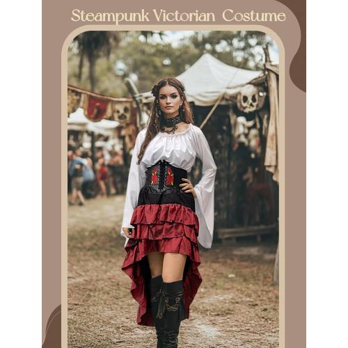 Size/L Verceco Pirate Costume Women Outfit with Renaissance Pirate Shirt Skirt Corset Waist Belt Womens Halloween Pirate Costumes (White Red, L)