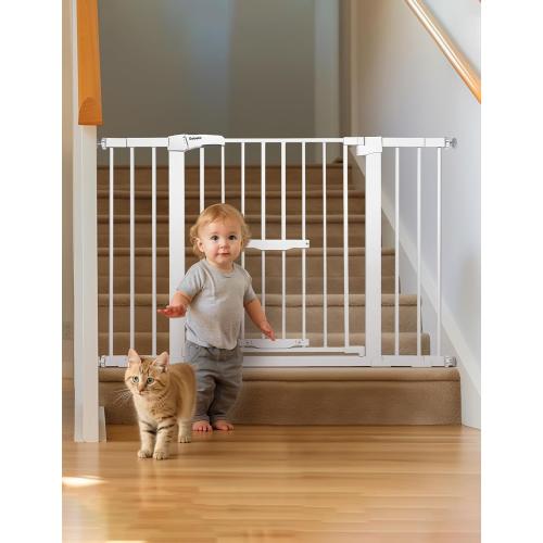 BABELIO 29-48 Extra Wide Baby Gate with Cat Door,Auto Close Metal Pet Door for Stairs, Doorways, House, Pressure/Hardware Mounted, Easy Walk Thru, White