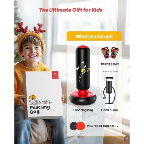 QPAU Kids Punching Bag Toy with Boxing Gloves, 66 Inch Larger Stable Kids Inflatable Boxing Bag Set, Gifts for Boys & Girls Age 6-12, for Practicing Karate, Taekwondo, MMA