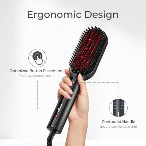 TYMO Hair Straightener Brush - Upgraded Ionic Plus Straightening Brush with Dense Bristles, 16 Temps, Dual Voltage | Ceramic Hot Comb for Women | Flat Iron for Thick Curly Hair, Black