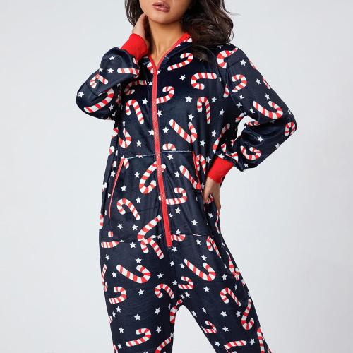 KMBANGI Women XL Christmas One Piece Pjs Hooded Fleece Jumpsuit with Pocket Zipper Romper Printed Pajamas Holiday Sleepwear