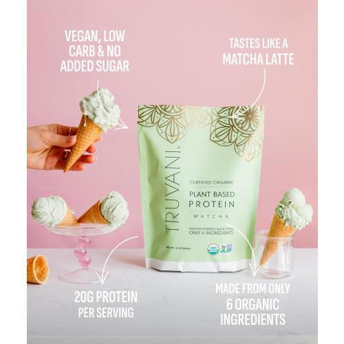 Truvani Vegan Pea Protein Powder | Matcha | 20g Organic Plant Based Protein | 1 Serving | Keto | Gluten & Dairy Free | Low Carb | No Added Sugar
