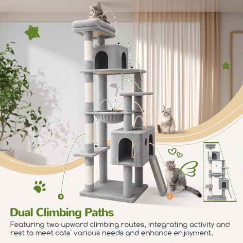 Globlazer Heavy Duty Cat Tree, 70 inch Sturdy Cat Tree for Indoor Cats Extra Large Cat Tower with Scratching Post, Hammock, Cat Condo for Adult Cats Kittens, F70 Pro, Light Grey
