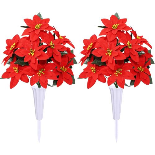 Lodou Christmas Artificial Cemetery Flowers for Grave,Outdoor Grave Decorations,Beautiful Arrangements Bouquet with Cemetery Vase (Red)