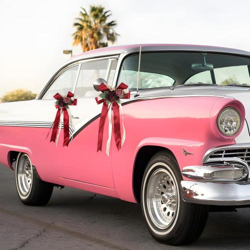 4PCS Wedding Car Door Handle Decorative Flowers, Burgundy Roses Artificial Flowers Bow Bouquet Just Married Automotive Decorations Accessories for Door Handles and Mirror(Burgundy)
