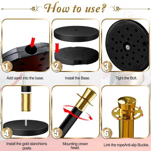 4PCS Top Crown Decoration Black-Gold Stanchions Posts with 3PCS 5 ft Black Velvet Rope, Red Velvet Rope Stanchion Set Crowd Control Barriers, Stanchions and Velvet Ropes Red Carpet Poles for Party ‼️used‼️