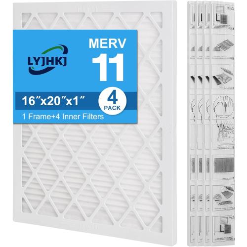 16x20x1 MERV 11 Air Filter, Quality AC/HVAC Furnace Filter，1 Reusable ABS Frame   4 Pack Replaceable Filter Media，Breathe Fresher and Cost-effective
