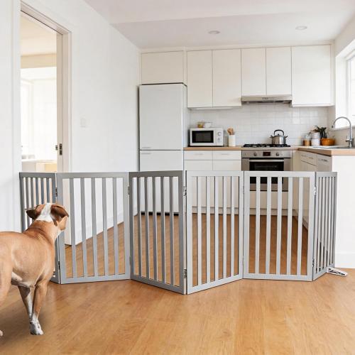 ZJSF Freestanding Indoor Dog Gate for House Foldable Wood Puppy Gate for Doorways Pet Gate for Stairs Extra Wide Pet Fence, Grey, 32 Height 6 Panels