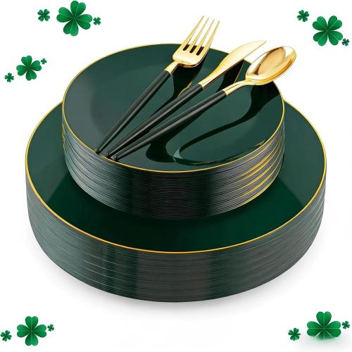 Liacere 150PCS Green Plastic Plates - Gold Plastic Silverware with Green Handle - Heavy Duty Fancy Plastic Plates Disposable Include 30 Guests Plates, Forks, Spoons, Knives for St. Patrick's Day