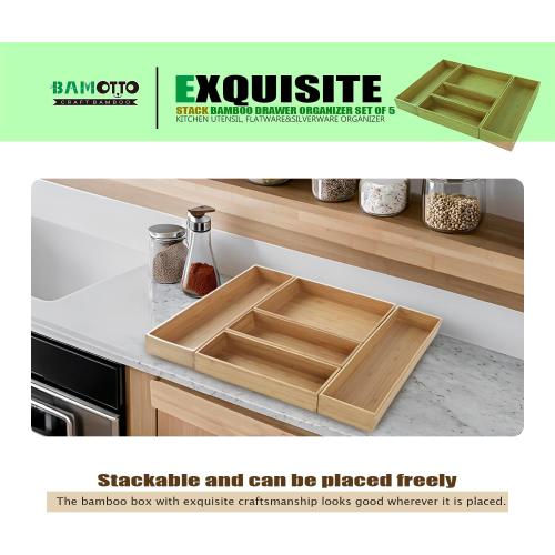 Stack Bamboo Drawer Organizer Set of 5, Kitchen Utensil, Flatware&Silverware Organizer-Wood Laminated Stackable for Kitchen, Bedroom, 13.4''x4.5''*2 10.2''x3.3''*2 10.2''x6.7''*1