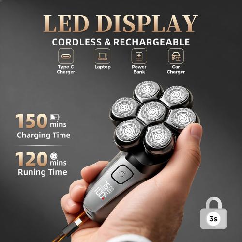 Ufree 7D Rotating Head Shaver for Bald Men, Magnetic Detachable Head Shaver, IPX7 Waterproof Wet or Dry Electric Razor for Men, LED Display Rechargeable Shaving with Type-C Charge, Mens Gifts