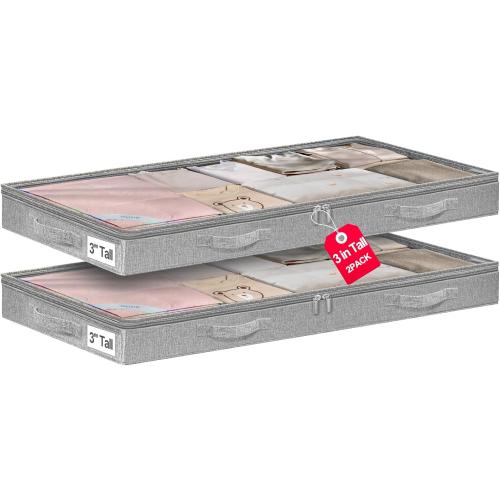 3 Inch Low Profile Under Bed Storage Bins with NO STURCTURE Design, Shallow Clothes Storage Bags with Clear Lids & Waterproof Fabric - Fits Under Sofa, Couch, Dorm, or College Beds，40x20x3inch，Grey