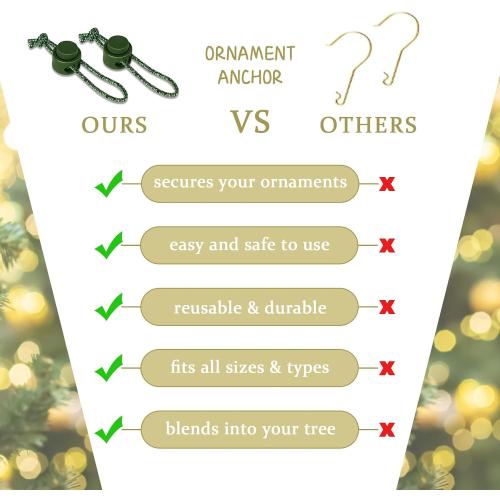 50pcs Ornament Anchors for Christmas Tree, Adjustable Non Slip Mini Hangers Hooks, Green Cat Proof Christmas Ball Hangers String Ties