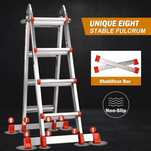 HBTower A Frame 3 Step Extension Ladder, 11Ft Multi Position Ladder with Removable Tool Tray and Stabilizer Bar, 330 lbs Capacity Telescoping Ladder for Household and Outdoor Work (Orange, 11Ft)