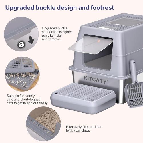 XXXL Stainless Steel Litter Box with Lid，Extra Large 28L*20W*18.1H Metal Cat Litter Boxs,Jumbo Enclosed Removable Litter Box High Sides For Big Cats,with Cat Litter Scoop, Leak-Proof, Easy to Clean