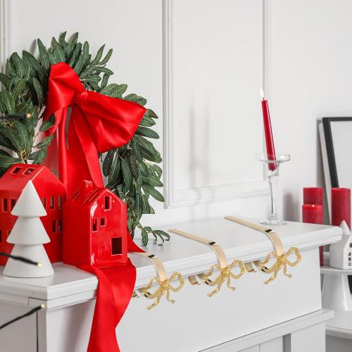 4 Pcs Christmas Bow Stocking Hangers Holder Mantle Metal Hooks Gold Christmas Stocking Clips Classic Shelf Garland Hangers for Counter Window Fireplace Xmas Party Decoration
