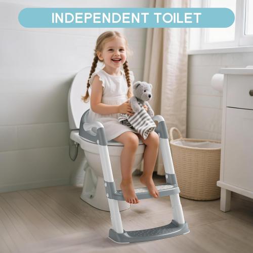 COOSEYA Potty Training Toilet with Step Stool Ladder, Toddler Kids Potty Training Seat for Boys Girls, Foldable Non-Slip Toilet Toddler Seat Splash Guard Soft Cushion Safety Handles (Grey)
