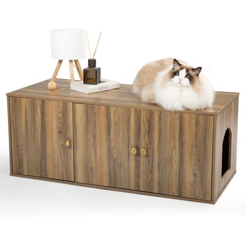 Cat Litter Box Enclosure Furniture with Storage, Hidden Litter Box Cabinet 42.5L x 18.5W x 16.9H, Double as Cat House TV Stand End Table for Living Room, Midcentury Modern Style (Pine, Plain Doors)