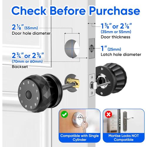 Smart Door Knob Fingerprint Door Lock with Keypad, Keyless Entry Deadbolt for Front Door, Smart Auto Lock Deadbolt with Phone/Watch App Control, Biometric Fingerprint Gate Knob with 6 Ways to Unlock