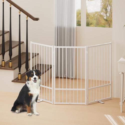 SNUOWU Full Metal Freestanding Dog Gate with Door, 36''Height Foldable Pet Dog Fence for Indoor & Outdoor, 3 Panels Extra Wide Free Standing TallDog Gates for Doorways,House,Stairs,Porch,Deck,Yard