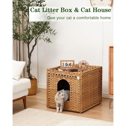 SETVSON Cat Litter Box Enclosure Furniture, Large PE Rattan Cabinet,Natural | Large PE Rattan Kitty House fits Large Litter Boxes, Included Litter Mat, 2 S-Hooks, Metal Frame, 21.6x26x21.6 In Cat Cabinet
