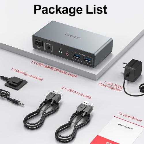 Unitek HDMI KVM Switch 2 Monitors 2 Computers 4K@60Hz USB 3.0 KVM Switches Share Dual HDMI Monitors 3 USB Ports for Keyboard Mouse Hard Drives Mic Headset Ports 2 Cable DC 5V Adapter Controller