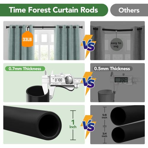 Time Forest Curtain Rods for Windows 32 to 170, 1 Inch Adjustable Black Heavy Duty Long Window Outdoor Curtain Rod for Patio, Modern Drapery Rods with Simple End Caps, Size 32-170