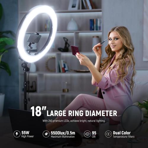 NEEWER 18 Ring Light, 58W 5500lx 5600K Dimmable CRI95 240 LEDs, Lighting with Cold Shoe Bi Color Filters Carry Bag Phone Holder for iPhone Selfie Makeup Studio Photography Video Recording, RL-18