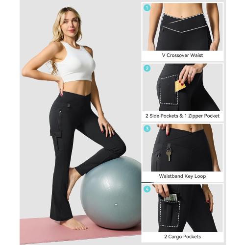 Flare Leggings for Women Yoga Crossover High Waist Pants with Tummy Control Workout Cargo with 5 Pockets Bootcut Leggings
