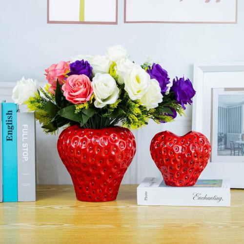 Strawberry Ceramic Flower Vase, Decorative Cute Ornament Vase for Aesthetic Decor Flower Arrangement, Unique for Colorful Modern Vintage Home Kitchen Office Decor Centerpiece, Red 7inch