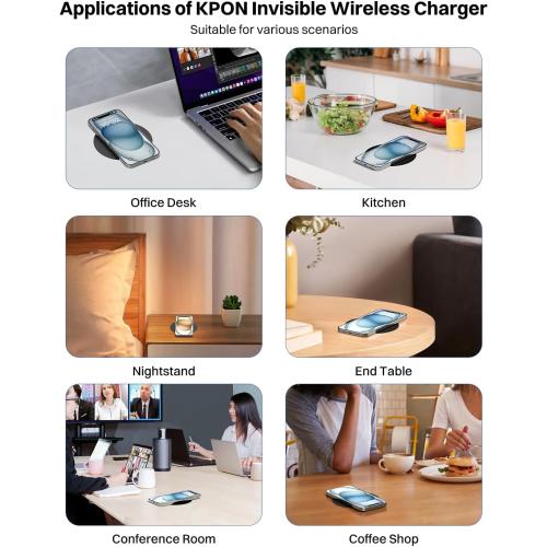KPON Invisible Wireless Charger, 40MM(1.57) Wireless Charging Desk Mat Mouse Pad, Hidden Charging Station for iPhone 16/15/14/13/12/Samsung/Google Pixel/LG/Wireless Phones(Adapter Included)