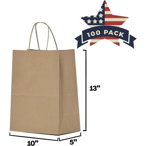 Qutuus 10x5x13 Kraft Paper Bags 100 Pcs Kraft Shopping Bags, Paper Gift Bags for Retail, Merchandise, Recycled Bulk Paper Sacks, Brown Paper Bags with Handles Bulk
