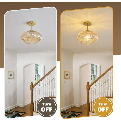 Amber Ribbed Glass Ceiling Light: 11.8 Vintage Semi Flush Mount Ceiling Lights - Mid Century Modern Brass Light Fixture - Minimalist Drum Decorative Lighting Fixtures for Bedroom Living Room Entryway