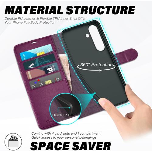 TUCCH Case Wallet for Galaxy S25 FE 5G, Kickstand [RFID Blocking] 4 Card Holder, Folio Magnetic PU Leather [TPU Shockproof Interior Shell] Protective Cover (6.7) 2025, Plum Purple