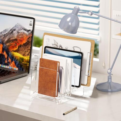MaxGear Desk File Organizer, 5-Section Vertical Acrylic Filing Folders Holder Stand, Clear Incline Document Organizer Sorter Rack for Office School Home