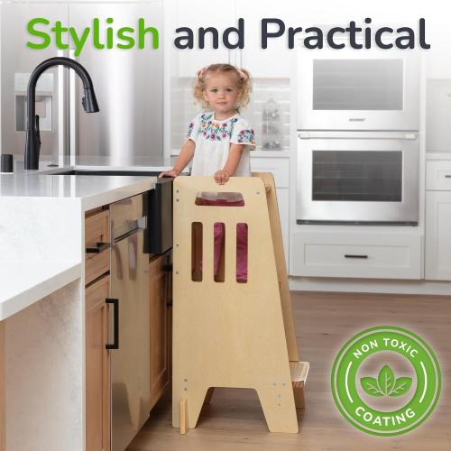WOODENN Ocodile Stepping-Up Set - Standing Tower and Step Stool for Kids (Varnished)