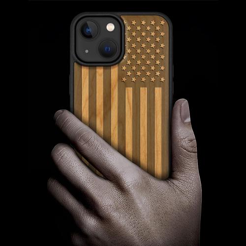 Carveit Magnetic Wooden Case for iPhone 14 plus Natural Wood & Black Soft TPU, Shockproof Protective Cover American Flag (Walnut)